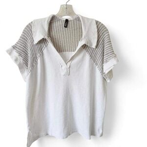 J.OUR White Raw Hem Ribbed Chunky Knit Colorblock Polo Shirt Top M